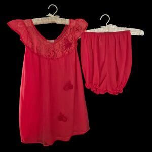 2pc Vintage BABYDOLL Sheer CHIFFON Nylon GOWN Red LACE Bloomer PANTY Set ~ M